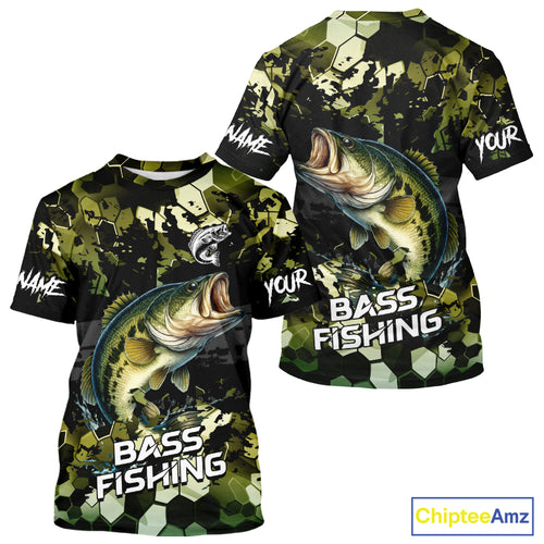 Green Camo Largemouth Bass fishing sun shirts custom name fishing shirts long sleeve uv protection NQS10284