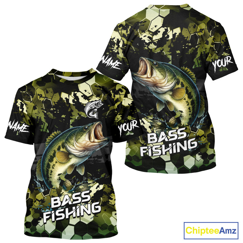 Green Camo Largemouth Bass fishing sun shirts custom name fishing shirts long sleeve uv protection NQS10284
