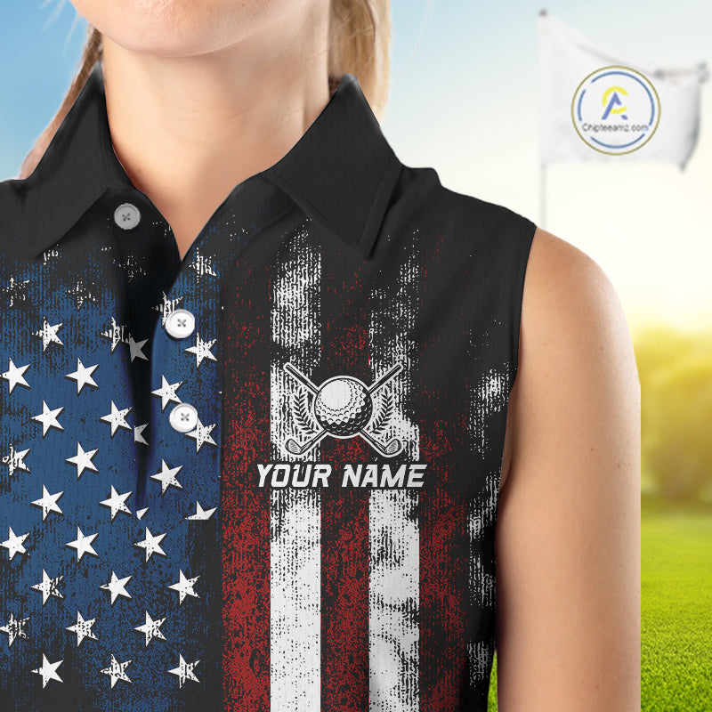 Vintage American Flag Eagle Black Golf Sleeveless Polo Shirts Custom Ladies patriotic golf shirts NQS10502
