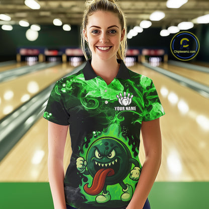 Personalized Funny Bowling Shirts for Women Green Flame Custom Bowling Team Outfit, Gift For Bowlers NQS10909