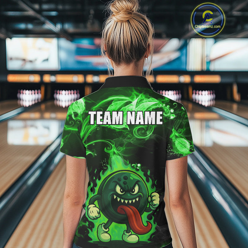 Personalized Funny Bowling Shirts for Women Green Flame Custom Bowling Team Outfit, Gift For Bowlers NQS10909