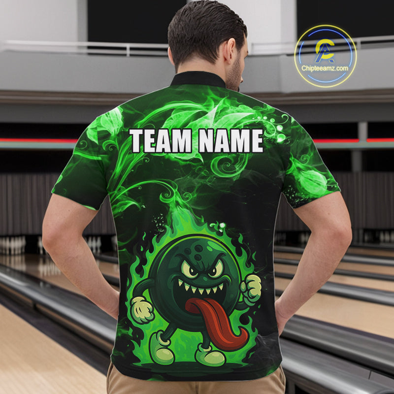 Personalized Funny Bowling Shirts for Men Green Flame Custom Bowling Team Outfit, Gift For Bowlers NQS10909