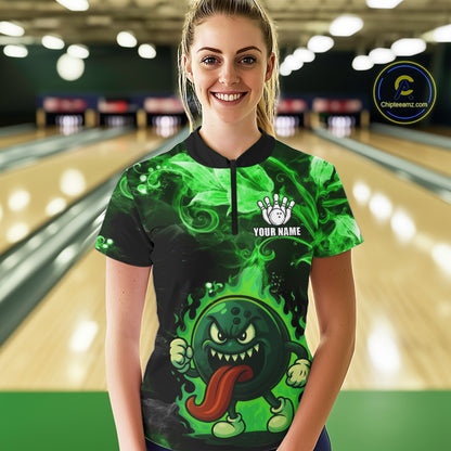 Personalized Funny Bowling Shirts for Women Green Flame Custom Bowling Team Outfit, Gift For Bowlers NQS10909