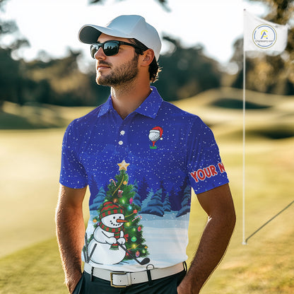 Funny Snowman Golf Blue Christmas Golf Polo Shirts For Men custom Christmas golf outfit, golfing gift NQS10912