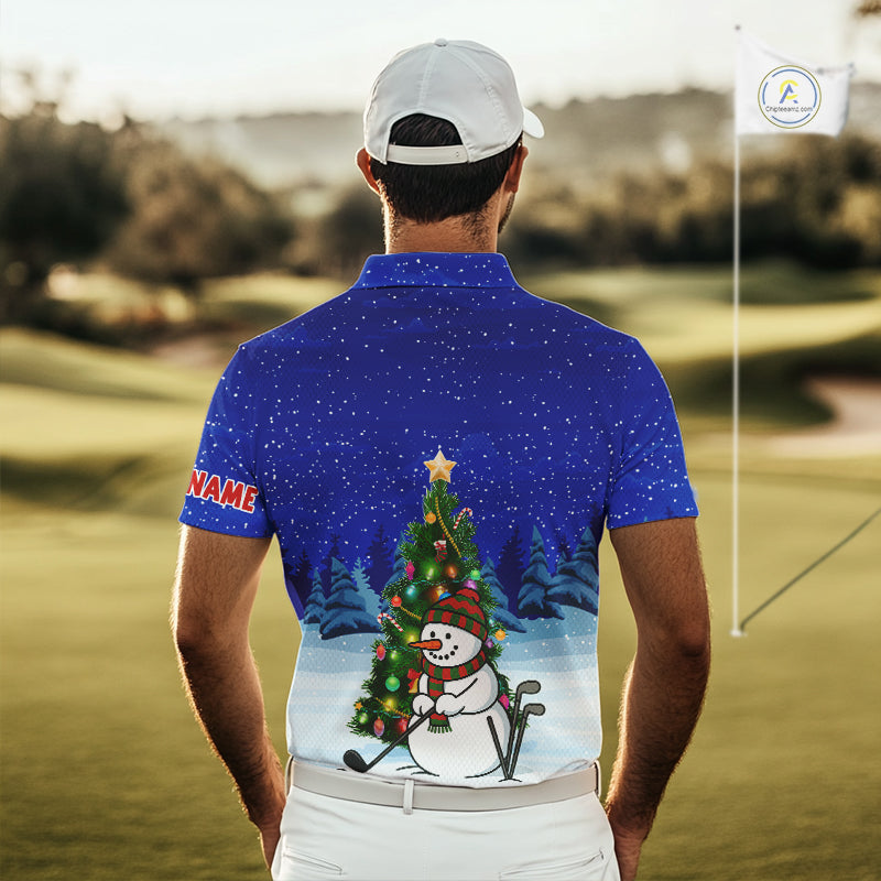 Funny Snowman Golf Blue Christmas Golf Polo Shirts For Men custom Christmas golf outfit, golfing gift NQS10912
