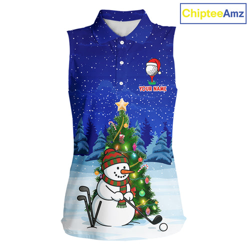 Funny Snowman Golf Blue Christmas Women Sleeveless Polo Shirt custom Christmas golf outfit, golf gift NQS10912