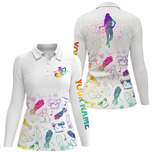 Load image into Gallery viewer, Womens golf polo shirt custom name watercolor golf icons, gifts for golf lovers NQS4389