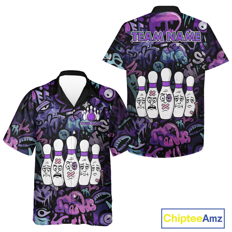 Custom Purple graffiti pattern Funny Bowling Hawaiian Shirts, Team Bowling Jersey NQS11099