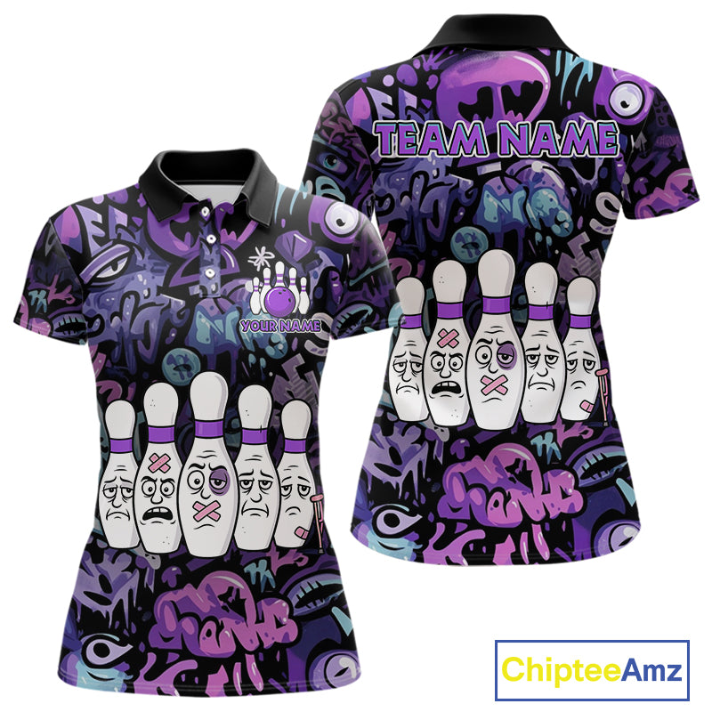 Custom Purple graffiti pattern Funny Bowling Polo, Quarter Zip Shirts For Women, Team Bowling Jersey NQS11099