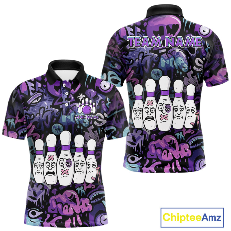 Custom Purple graffiti pattern Funny Bowling Polo, Quarter Zip Shirts For Men, Team Bowling Jersey NQS11099