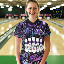 Load image into Gallery viewer, Custom Purple graffiti pattern Funny Bowling Polo, Quarter Zip Shirts For Women, Team Bowling Jersey NQS11099