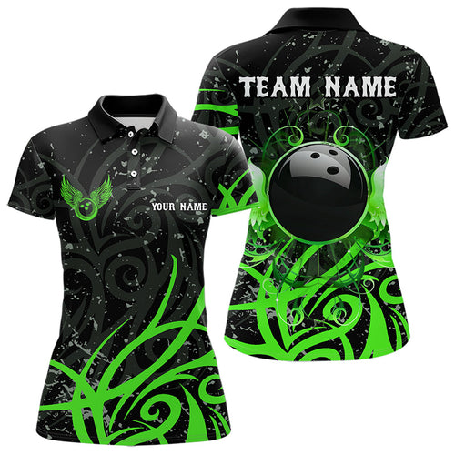 Black & Green Camo Bowling Polo, Quarter Zip Shirt For Women Custom Team Bowling Jersey bowler outfit NQS9418