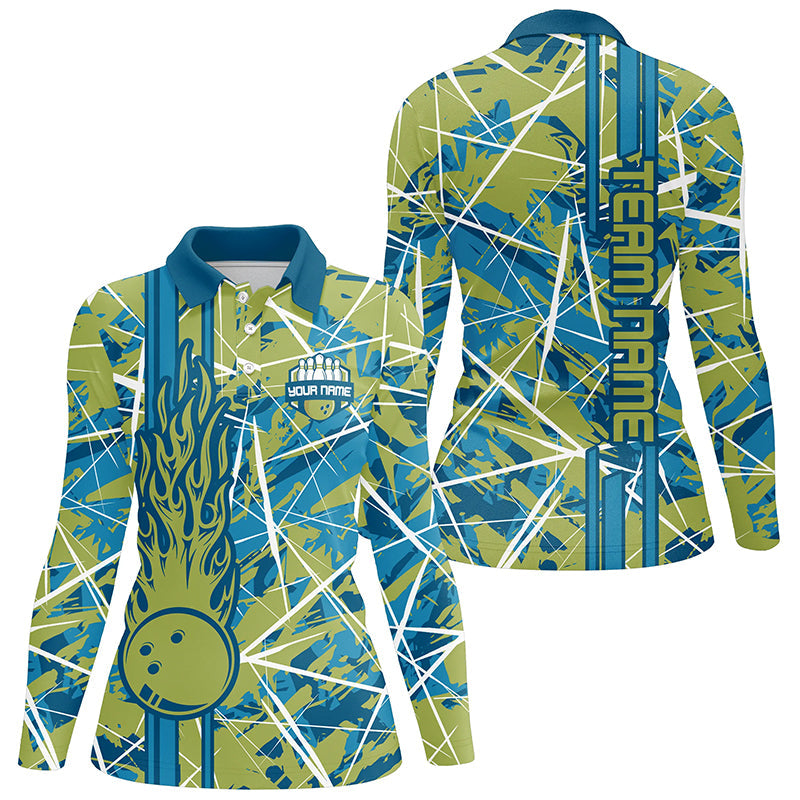 Green flame bowling ball camo custom Womens Bowling Polo Shirts, team bowling jerseys gift for bowler NQS7508