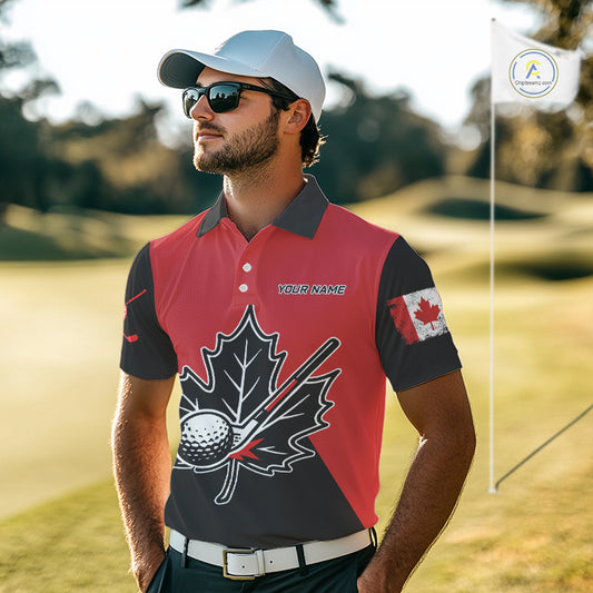 Black and Red maple leaf Mens golf polo shirts custom patriotic Canadian Flag golf attire for mens NQS9993