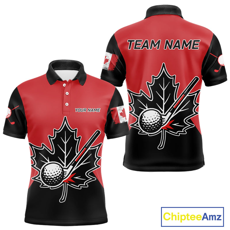 Black and Red maple leaf Mens golf polo shirts custom patriotic Canadian Flag golf attire for mens NQS9993