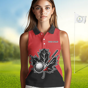 Black and Red maple leaf Women sleeveless golf polos custom patriotic Canadian Flag ladies golf attire NQS9993
