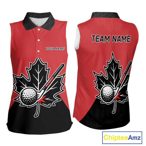 Black and Red maple leaf Women sleeveless golf polos custom patriotic Canadian Flag ladies golf attire NQS9993
