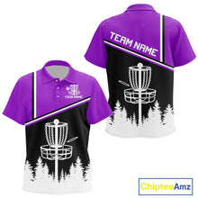Load image into Gallery viewer, Black, White and Purple Disc Golf basket Kid Disc golf polo shirts Custom team disc golf jersey NQS9996