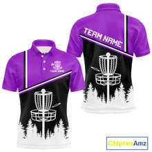 Load image into Gallery viewer, Black, White and Purple Disc Golf basket Mens Disc golf polo shirts Custom team disc golf jerseys NQS9996