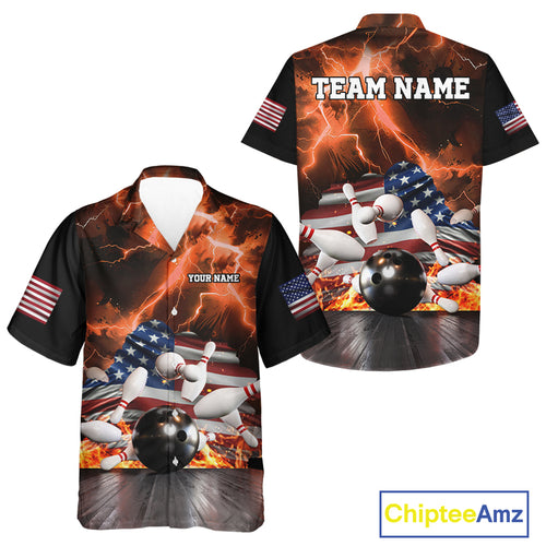Orange Lightning thunder storm American Flag Bowling Hawaiian Shirt Custom Bowling Team League Jersey NQS10291