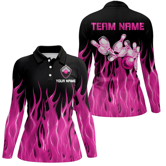 Personalized Women Polo, 1/4 Zip Bowling Shirt pink Flame Bowling Ball Pins bowling jersey for Bowler NQS8516