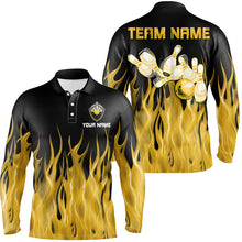 Load image into Gallery viewer, Personalized Men Polo, 1/4 Zip Bowling Shirt Yellow Flame Bowling Ball Pins bowling jersey for Bowler NQS8517