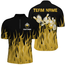 Load image into Gallery viewer, Personalized Men Polo, 1/4 Zip Bowling Shirt Yellow Flame Bowling Ball Pins bowling jersey for Bowler NQS8517