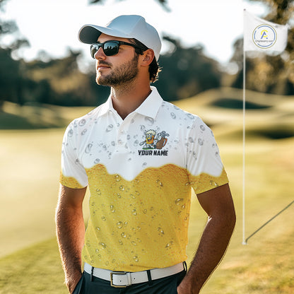 Custom White And Yellow Funny Beer Golf Polo Shirts For Men, Funny Beer Glass Mens Golf Outfit NQS10919