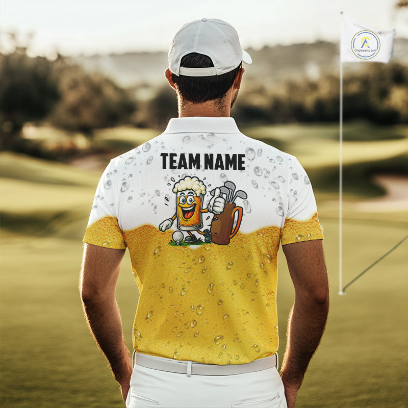 Custom White And Yellow Funny Beer Golf Polo Shirts For Men, Funny Beer Glass Mens Golf Outfit NQS10919