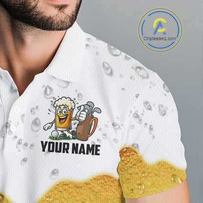 Custom White And Yellow Funny Beer Golf Polo Shirts For Men, Funny Beer Glass Mens Golf Outfit NQS10919