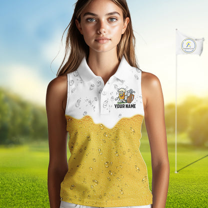 Custom White And Yellow Funny Beer Women Sleeveless Polo Shirt, Funny Beer Glass Ladies Golf Outfit NQS10919