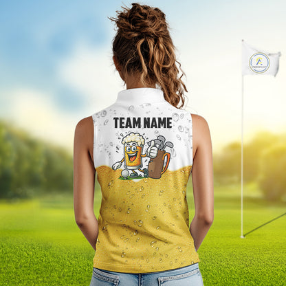 Custom White And Yellow Funny Beer Women Sleeveless Polo Shirt, Funny Beer Glass Ladies Golf Outfit NQS10919