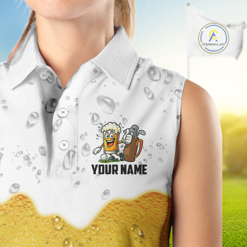 Custom White And Yellow Funny Beer Women Sleeveless Polo Shirt, Funny Beer Glass Ladies Golf Outfit NQS10919