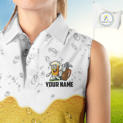 Custom White And Yellow Funny Beer Women Sleeveless Polo Shirt, Funny Beer Glass Ladies Golf Outfit NQS10919