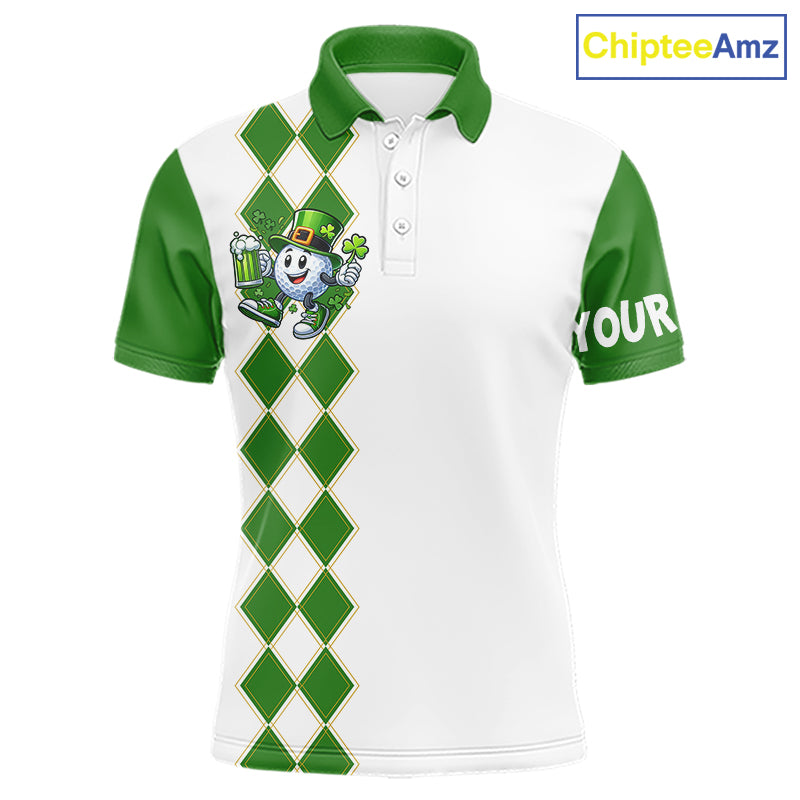 White and Green argyle pattern Mens Golf polo shirts Custom funny St. Patrick's day mens golf outfit NQS11296