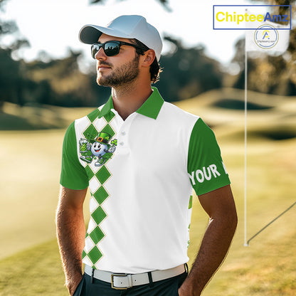 White and Green argyle pattern Mens Golf polo shirts Custom funny St. Patrick's day mens golf outfit NQS11296