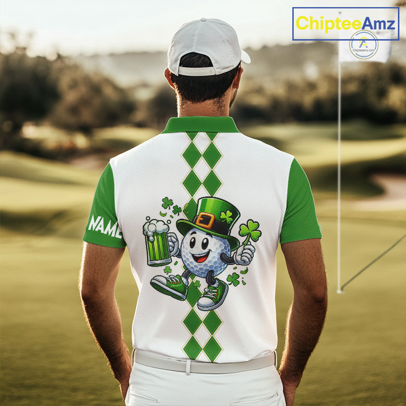 White and Green argyle pattern Mens Golf polo shirts Custom funny St. Patrick's day mens golf outfit NQS11296