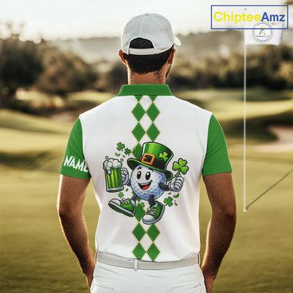 White and Green argyle pattern Mens Golf polo shirts Custom funny St. Patrick's day mens golf outfit NQS11296