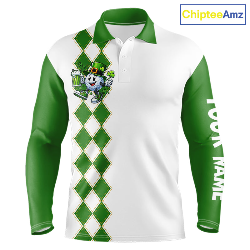 White and Green argyle pattern Mens Golf polo shirts Custom funny St. Patrick's day mens golf outfit NQS11296