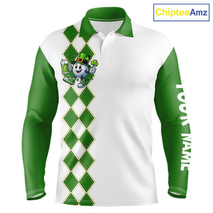 White and Green argyle pattern Mens Golf polo shirts Custom funny St. Patrick's day mens golf outfit NQS11296