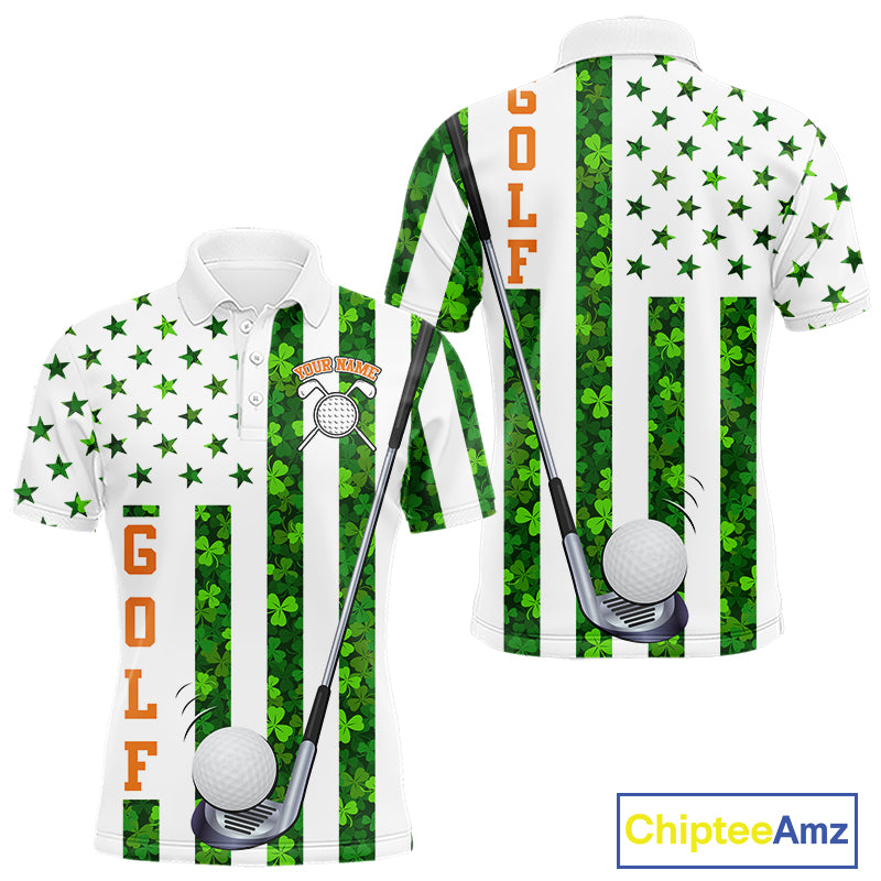 White, Green and Orange shamrock American Flag Mens Golf polo shirts Custom St Patrick golf outfit NQS11297