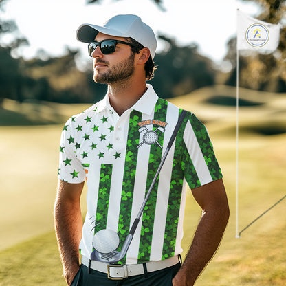 White, Green and Orange shamrock American Flag Mens Golf polo shirts Custom St Patrick golf outfit NQS11297