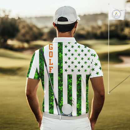 White, Green and Orange shamrock American Flag Mens Golf polo shirts Custom St Patrick golf outfit NQS11297