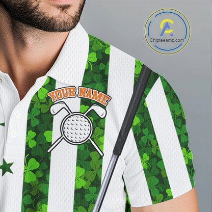 White, Green and Orange shamrock American Flag Mens Golf polo shirts Custom St Patrick golf outfit NQS11297