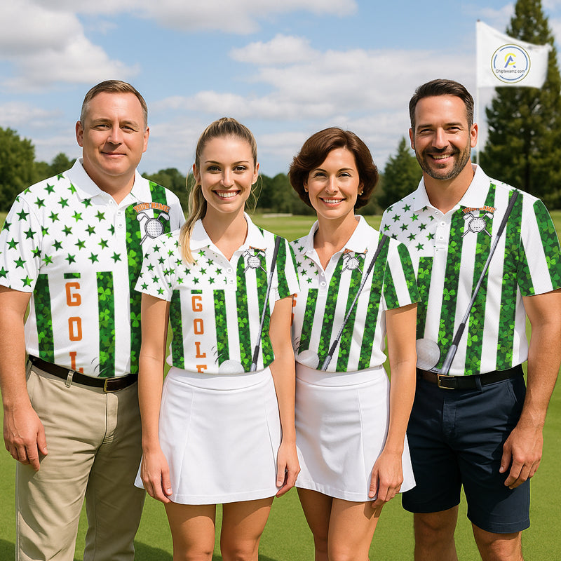 White, Green and Orange shamrock American Flag Mens Golf polo shirts Custom St Patrick golf outfit NQS11297