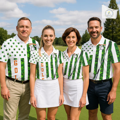 White, Green and Orange shamrock American Flag Mens Golf polo shirts Custom St Patrick golf outfit NQS11297