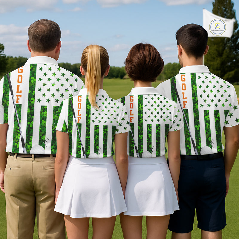 White, Green and Orange shamrock American Flag Mens Golf polo shirts Custom St Patrick golf outfit NQS11297