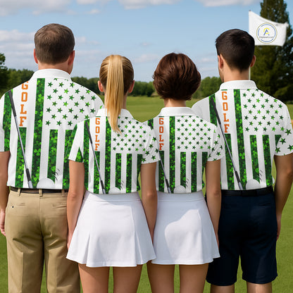 White, Green and Orange shamrock American Flag Mens Golf polo shirts Custom St Patrick golf outfit NQS11297