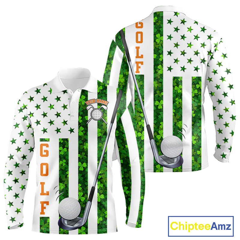 White, Green and Orange shamrock American Flag Mens Golf polo shirts Custom St Patrick golf outfit NQS11297