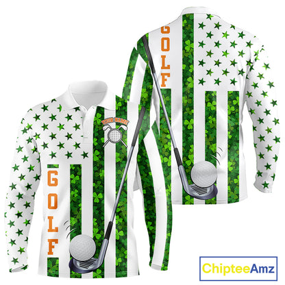 White, Green and Orange shamrock American Flag Mens Golf polo shirts Custom St Patrick golf outfit NQS11297